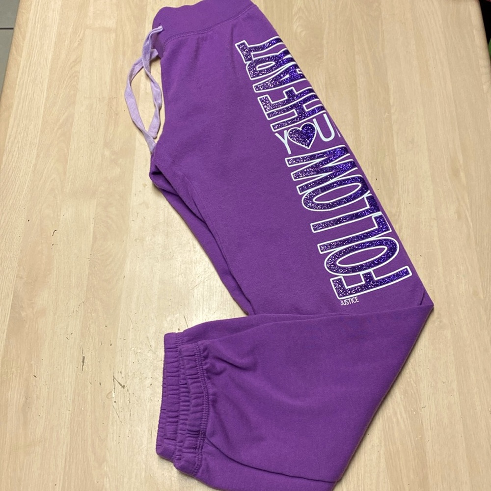 Justice Girls 12 Purple Glittered Follow Your Heart Sweat Pants Elastic at Ankle